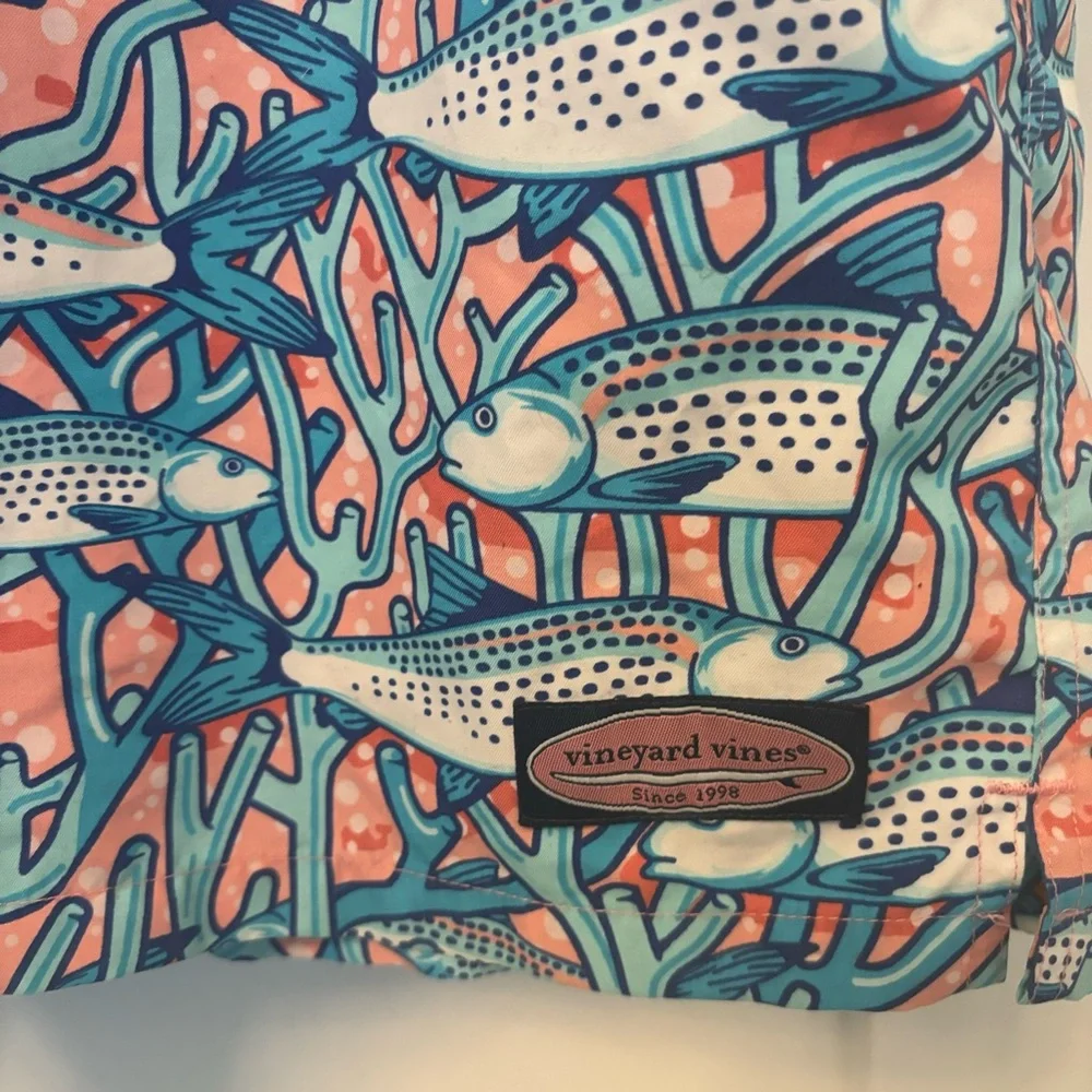 Vineyard Vines Blue and Coral Fiah Swim Trunks